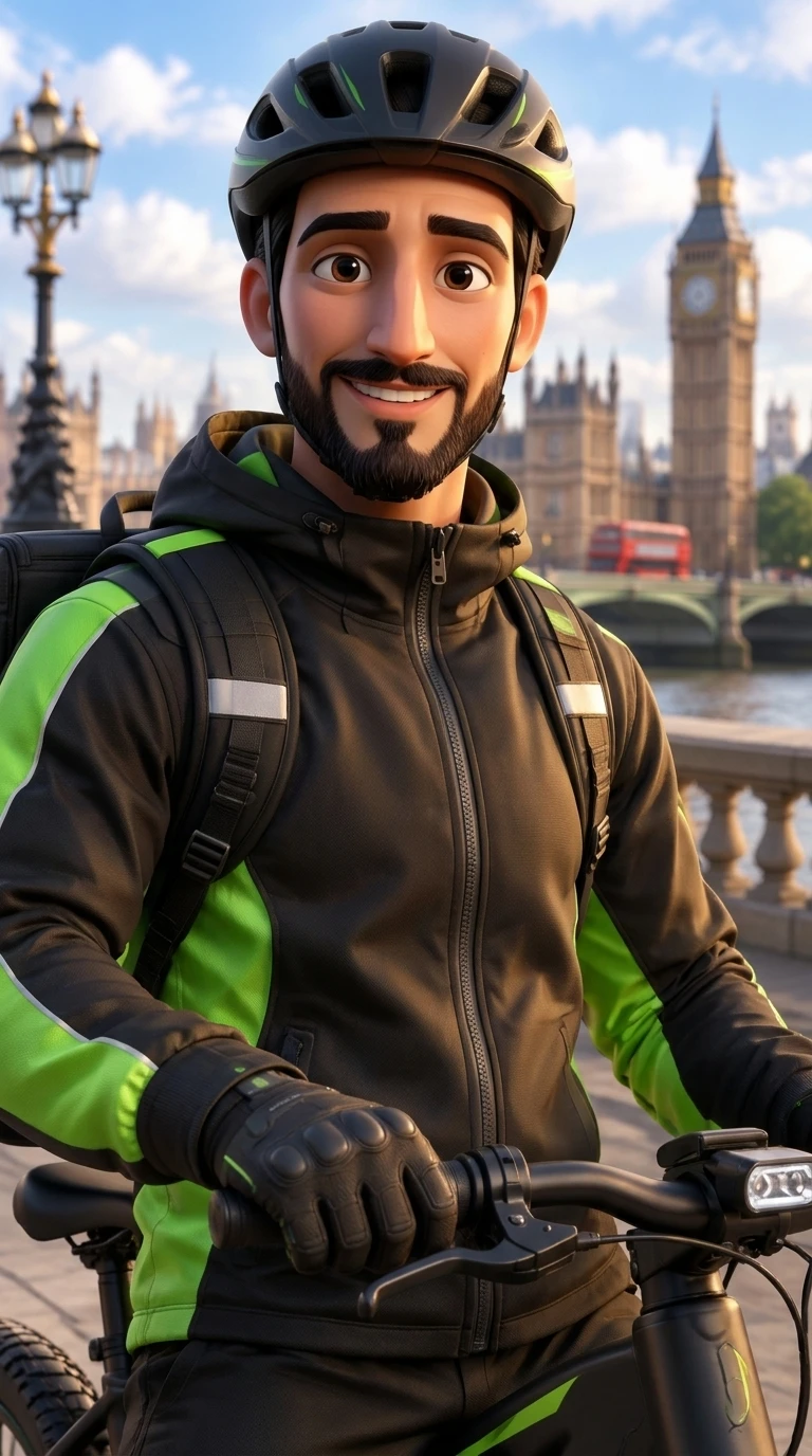 Bruno Fernandes in the latest expressive 3D cartoon style, wearing a helmet and black-and-green delivery clothing beside his black electric bike