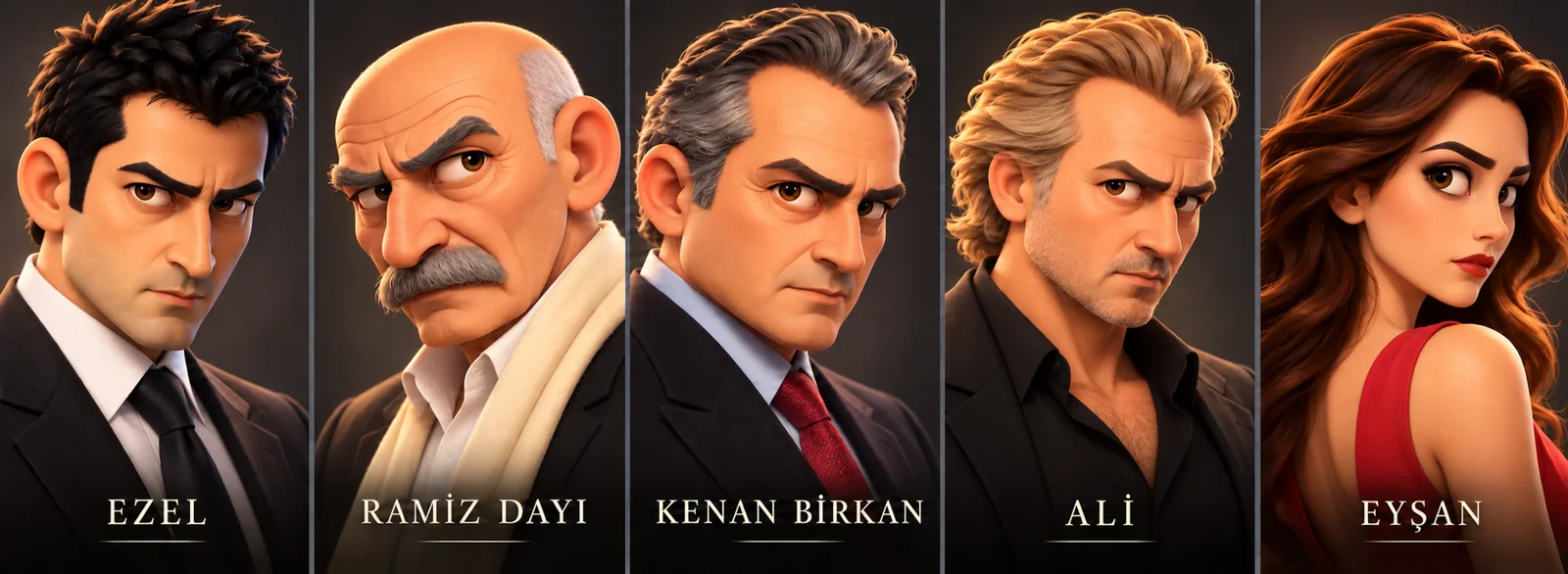 Approved ensemble portraits of Ezel, uncle Ramiz, Kenan, Ali and Eyşan